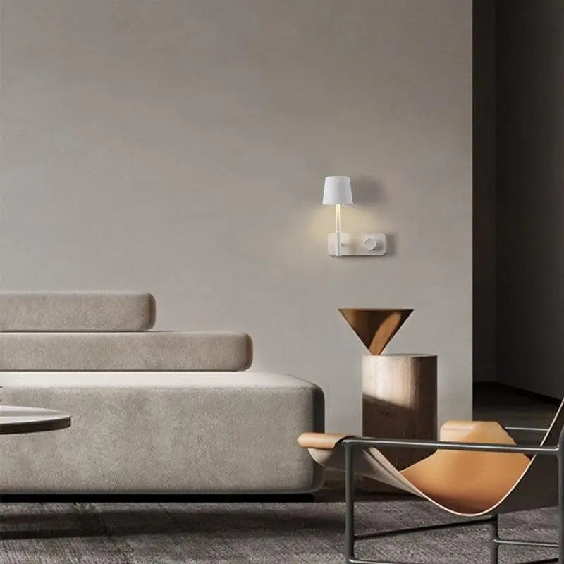 White minimalist decorbites™ nordic wall light with cylindrical shade and metallic base for bedroom wall lights
