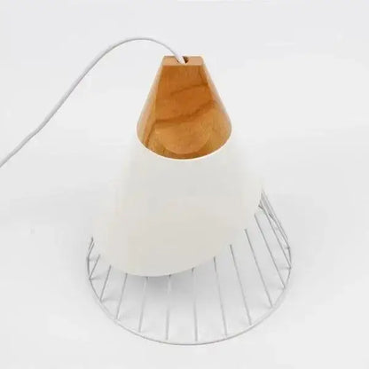 DecorBites™ nordic wood hanging lights with warm wooden top white ceramic body and metallic wire base hanging lights