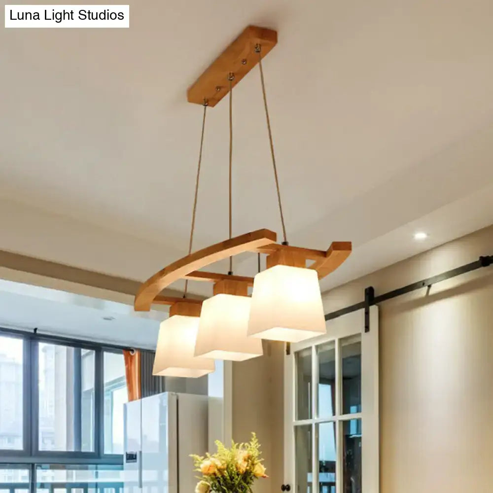 DecorBites™ nordic wood island pendant ceiling light with three off-white fabric shades and natural wood frame for dining room