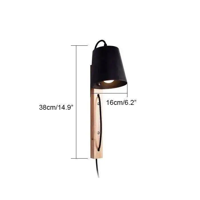 Black metal lampshade on a light wood nordic mida wall sconce with visible screws and black cord for decorbites wall sconce