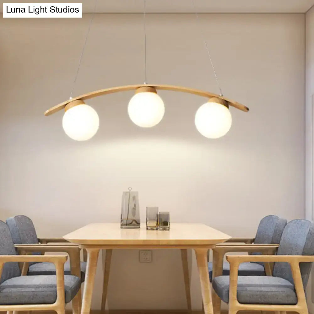 Decorbites nordic wooden ceiling light with three white glass shades and arched design for dining room use