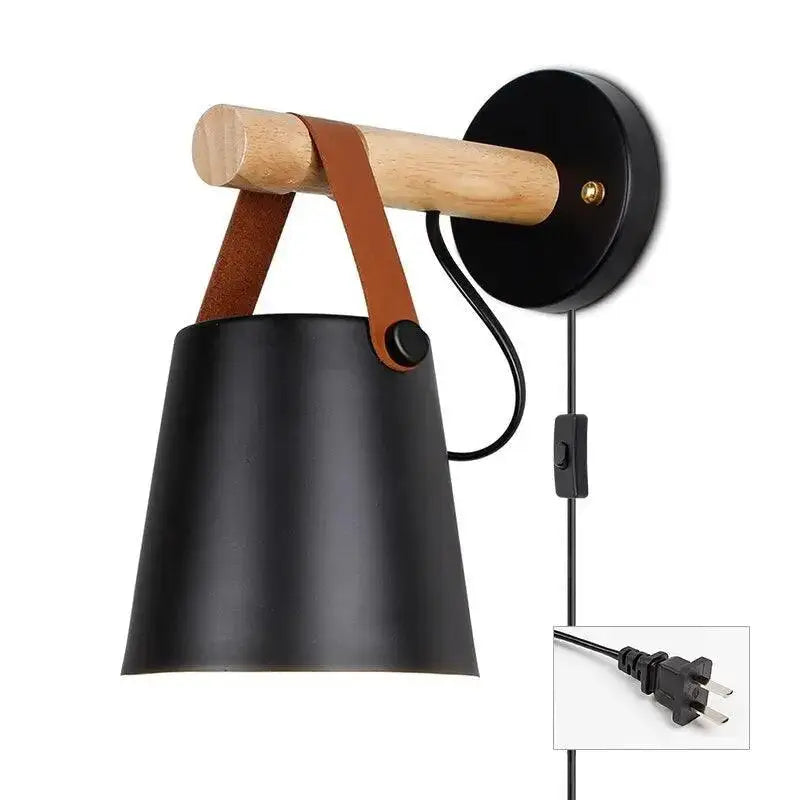 Black matte wall light with wooden handle and brown leather strap from DecorBites™ nordic wooden wall lights collection