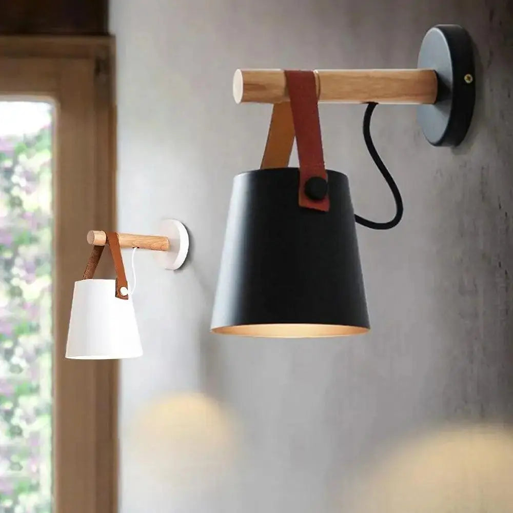 Black matte finished decorbites™ nordic wooden wall light with wooden arm and brown leather strap wooden wall lights