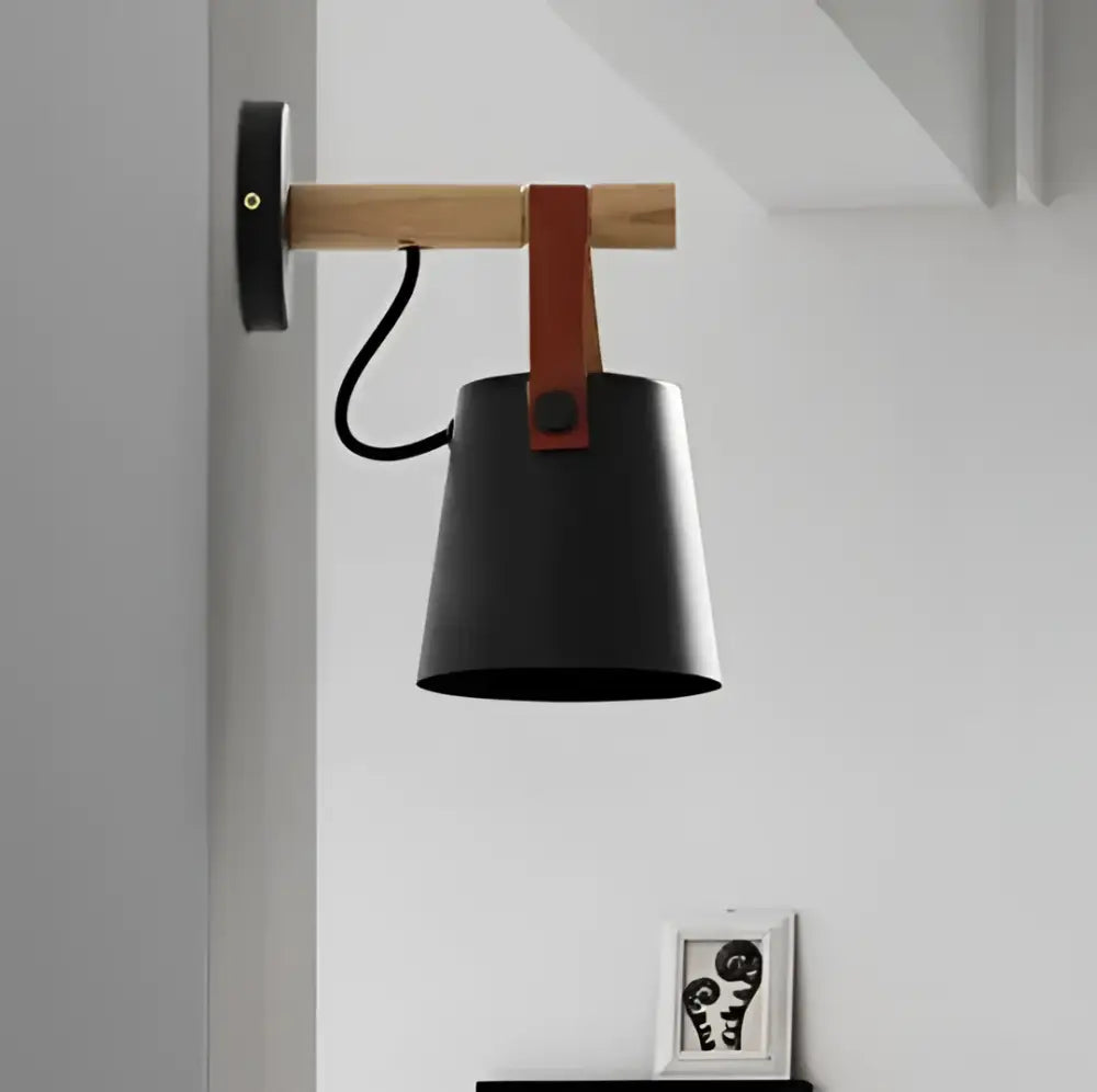 Black metal pendant wall lamp with wooden horizontal bar and brown leather strap for nordic wooden wall lights decor
