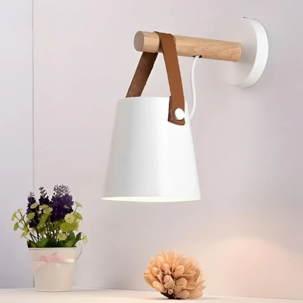 DecorBites™ nordic wooden wall lights with white ceramic lamp, wooden arm, and brown leather strap for stylish wall lighting