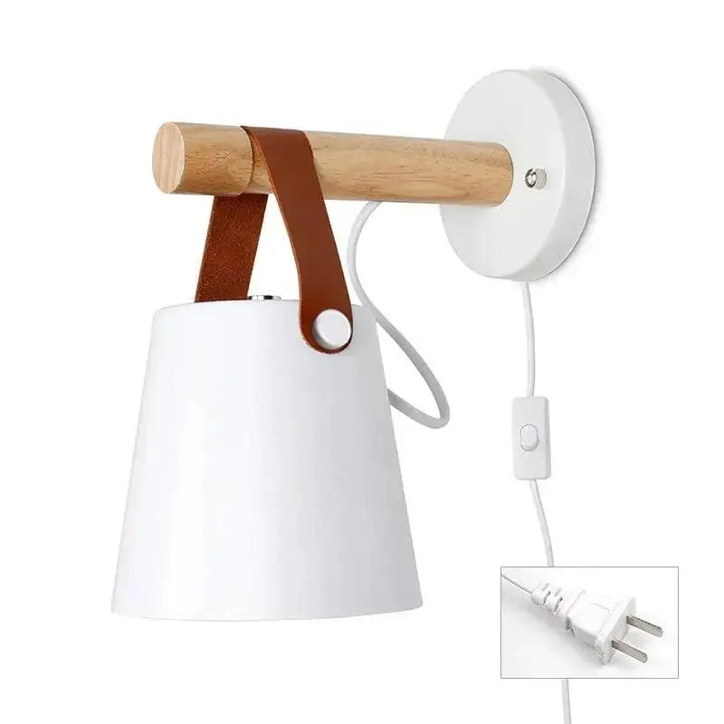 White conical lampshade nordic wooden wall light with light wood arm and brown leather strap mounted on white wall plate