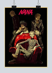Black kraft poster from DecorBites™ featuring stylized characters from japan anime nana with red couch background