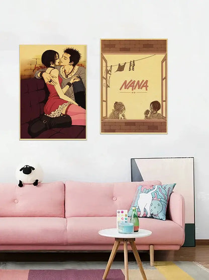 Pink tufted sofa with sheep plush on armrest featured in decorbites nostalgic japan anime nana kraft poster set