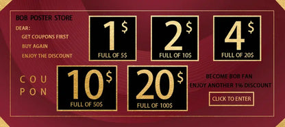 Red promotional coupon for bob poster store featuring gold discount amounts on black squares for nostalgic japan anime nana kraft poster set decorbites