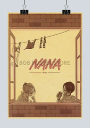 Vintage-style nostalgic japan anime nana kraft poster featuring two characters seated by a window with brick and laundry