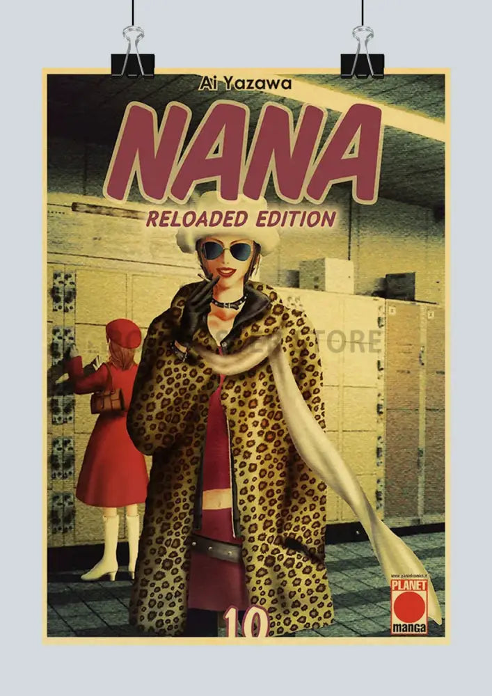 Vintage-style kraft poster set featuring a woman in leopard-print coat and white hat with bold red japan anime nana lettering