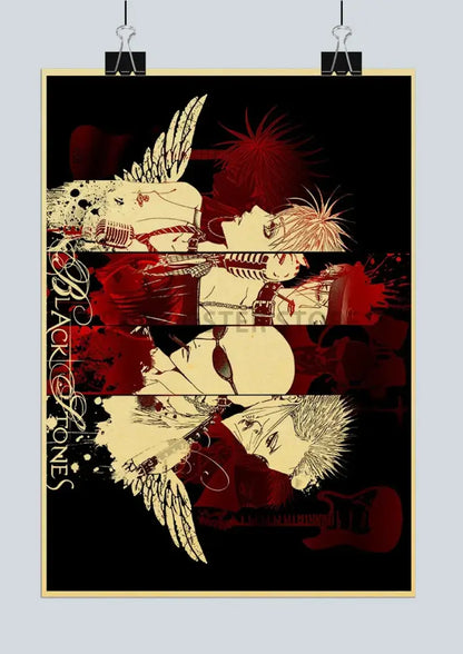 Decorbites™ nostalgic japan anime nana poster set features black and red winged characters with distressed splattered design