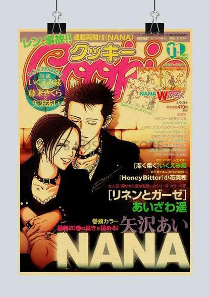 Vibrant yellow decorbites™ nostalgic japan anime nana poster set featuring two characters in stylish dark outfits