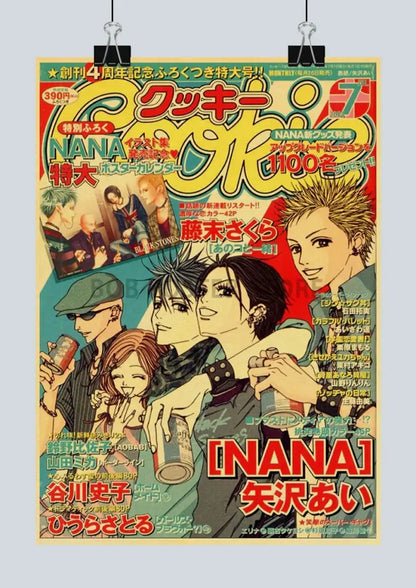 Vibrant yellow and red manga poster featuring anime nana characters in dynamic poses from decorbites nostalgic japan anime nana set