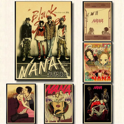 Vintage-style decorbites™ nostalgic japan anime nana poster set featuring sepia-toned retro anime nana characters
