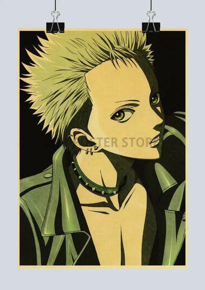 Yellow and green stylized anime portrait poster of spiky-haired character with spiked choker in DecorBites japan anime nana set