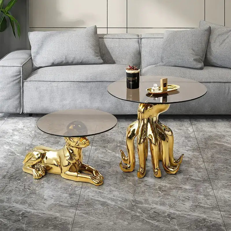 Decorbites octopus glass gold resin side table and reclining dog resin coffee table with glossy finish for living room accent