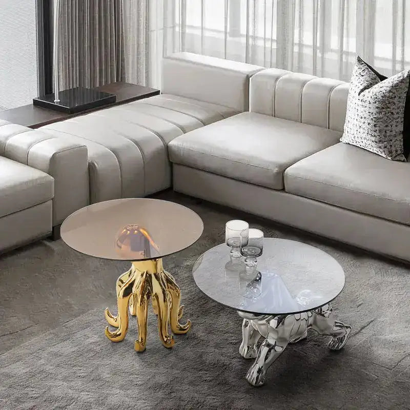 Decorbites octopus glass gold resin side table with round glass top shaped like an octopus for living room accent
