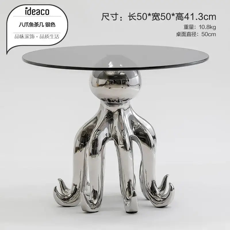 Silver octopus glass coffee table with round glass top and metallic legs by Decorbites octopus glass for living room accent