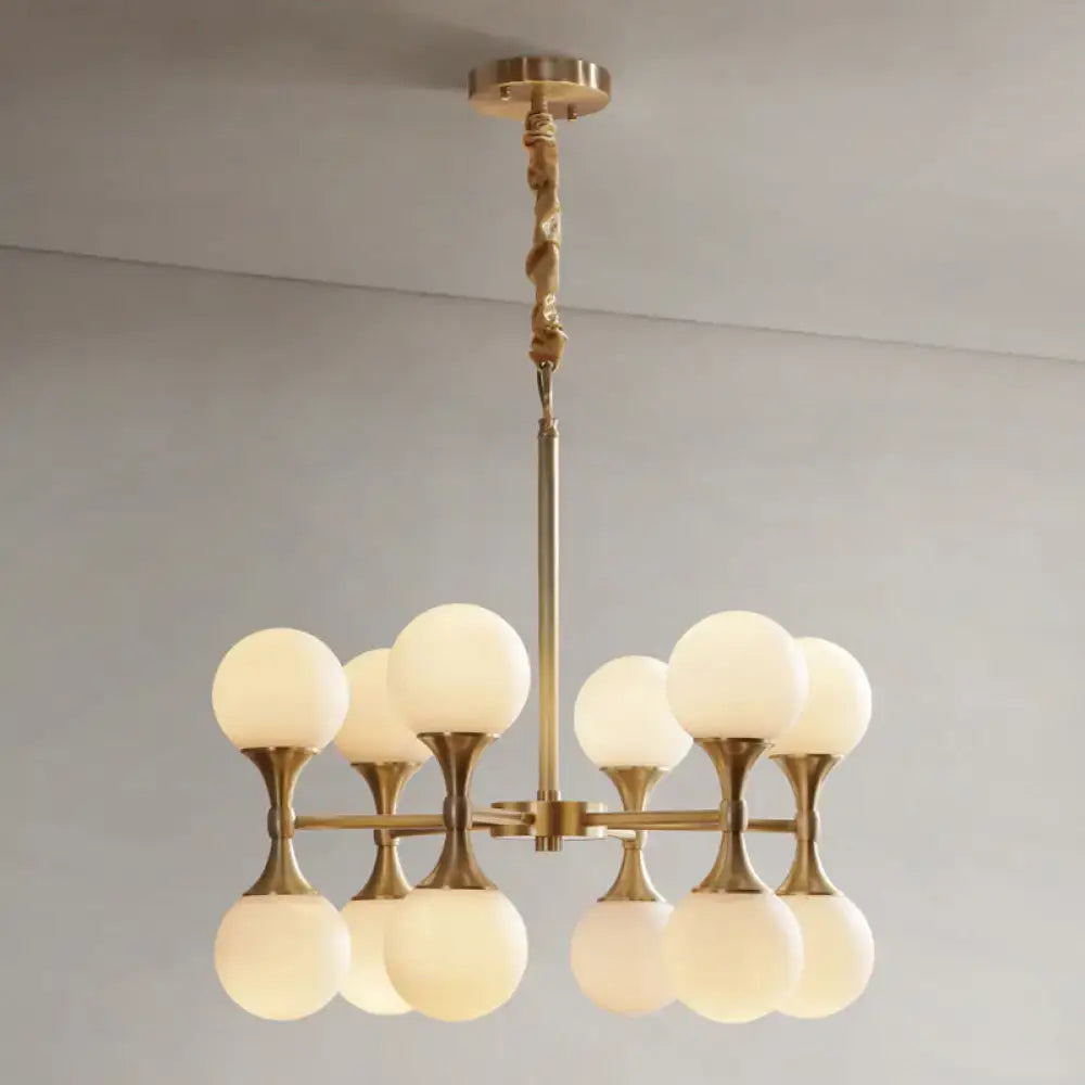 DecorBites™ opal glass chandelier light with eight brass globe heads in two tiers for modern ceiling decor