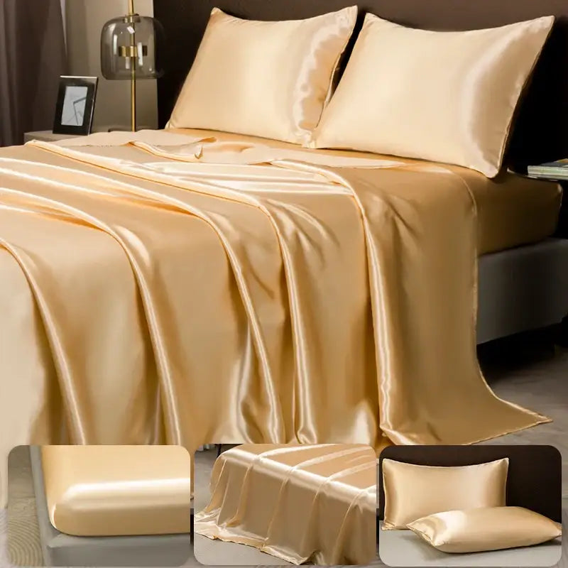 Cream-colored satin bedding set by DecorBites™ featuring matching pillowcases and fitted sheet for luxurious comfort