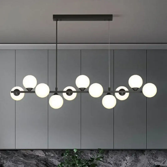 Modern black metal chandelier with frosted white glass shade globes for DecorBites™ 11-light island hanging light