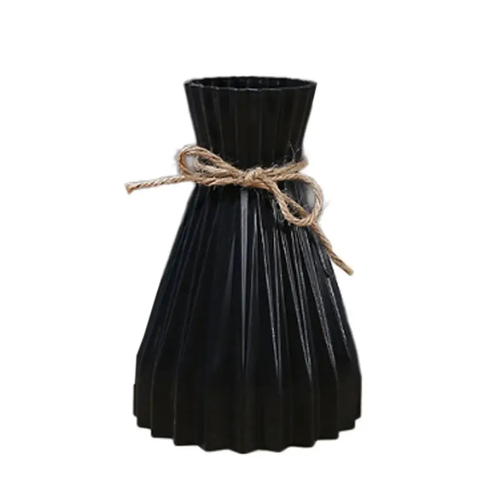 Black pleated origami style plastic flower vase with rustic twine bow by DecorBites™ for elegant home decor