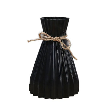 DecorBites™ origami style black pleated ceramic flower vase with rustic twine bow for plastic flower vase decor