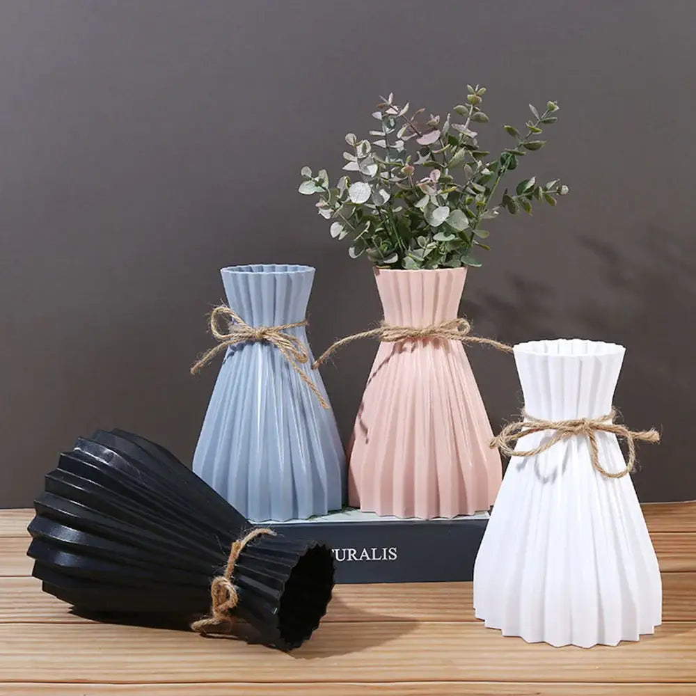 DecorBites™ origami style plastic flower vase set with pleated design in blue blush pink and white tied with rustic twine