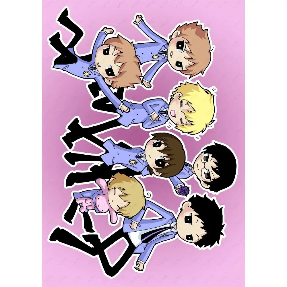 Chibi-style illustration of six anime characters in matching blue suits on a solid pink ouran high school host club poster