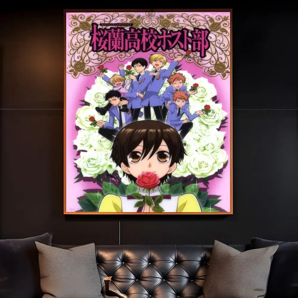 A framed anime poster of ouran high school host club featuring a brown-haired character with a red rose on a pink background