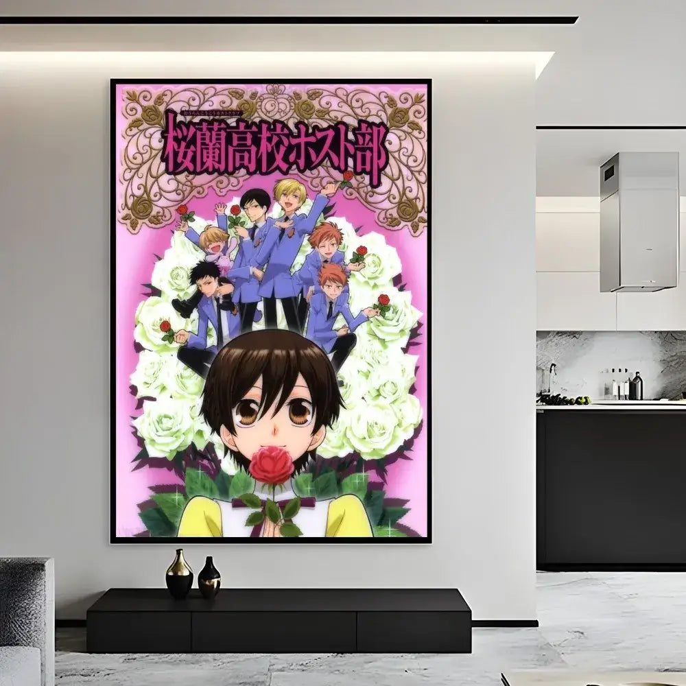 A framed decorbites™ ouran high school host club pink poster featuring characters in blue uniforms with white roses