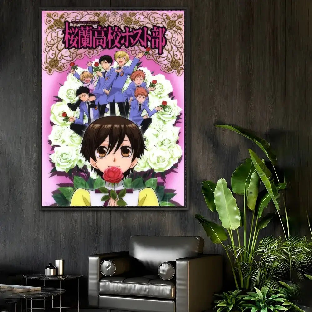 DecorBites™ ouran high school host club pink framed anime poster with characters in blue uniforms and white roses