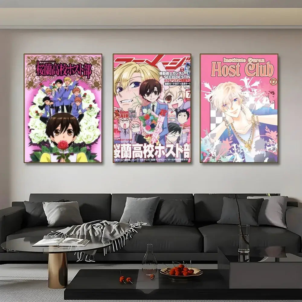 Three framed anime posters with vibrant pink blue and purple hues featuring characters from ouran high school host club