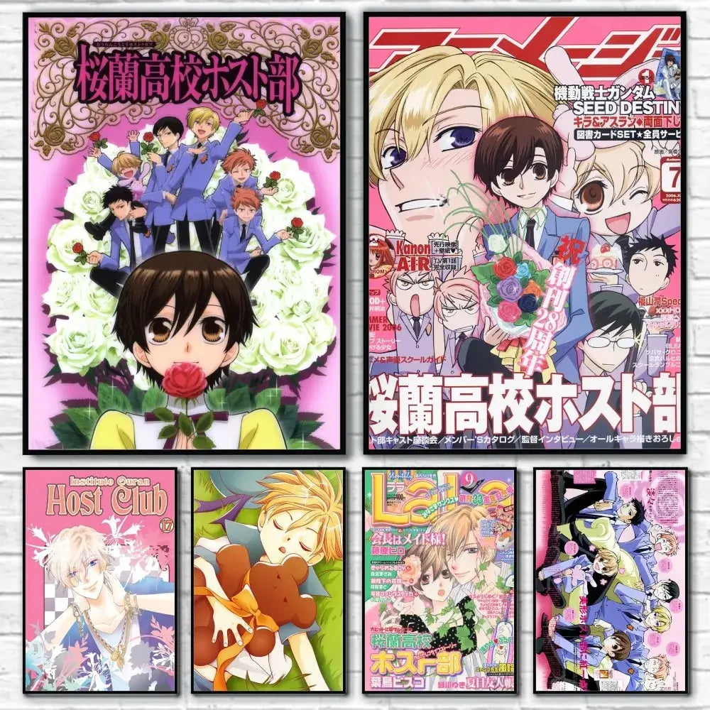 Decorbites™ ouran high school host club pink poster featuring anime characters in pink and white displayed on wall