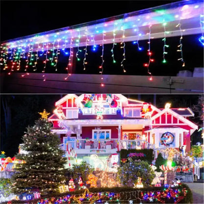 Colorful led decorbites™ outdoor christmas waterfall curtain string lights hanging in a cascading pattern on house eaves