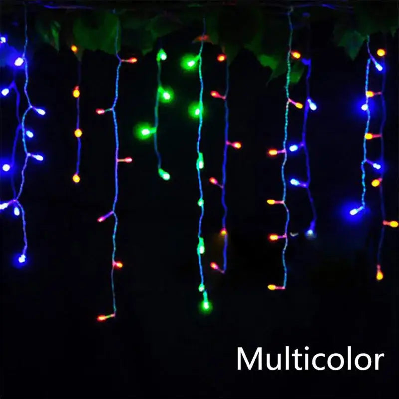 DecorBites™ outdoor christmas waterfall curtain string lights with multicolor led bulbs in blue green red and yellow hues