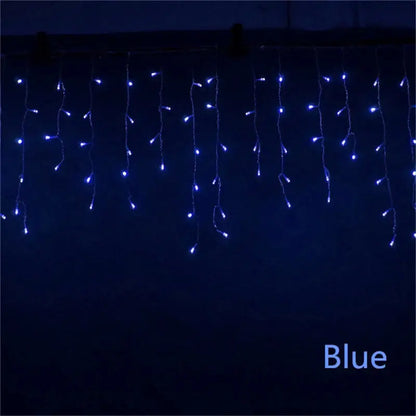 Blue icicle curtain string lights with small bulbs on thin wires for outdoor christmas waterfall decoration 5m