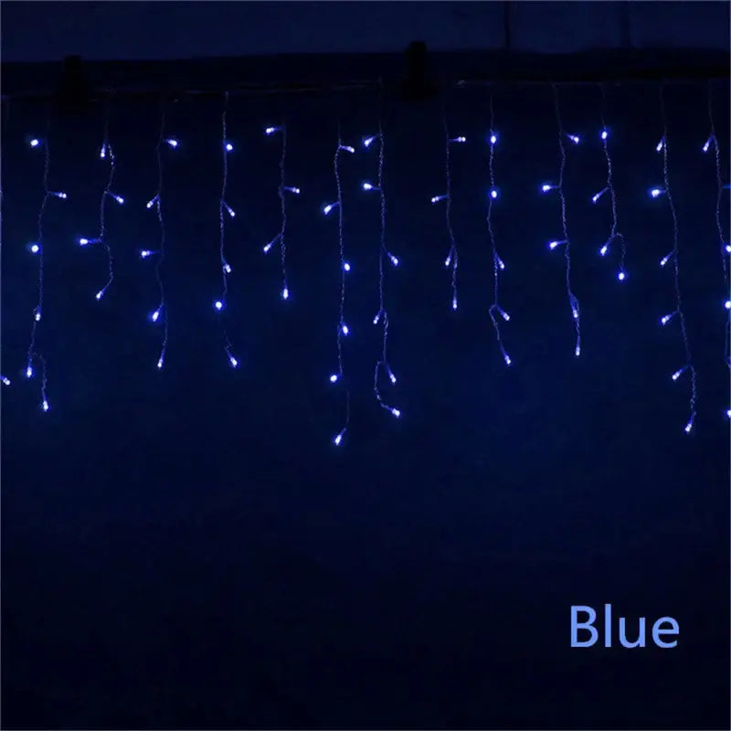 Blue icicle curtain string lights with small bulbs on thin wires for outdoor christmas waterfall decoration 5m