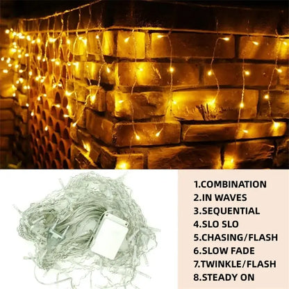 DecorBites™ outdoor christmas waterfall curtain string lights with warm yellow led bulbs and clear plastic design