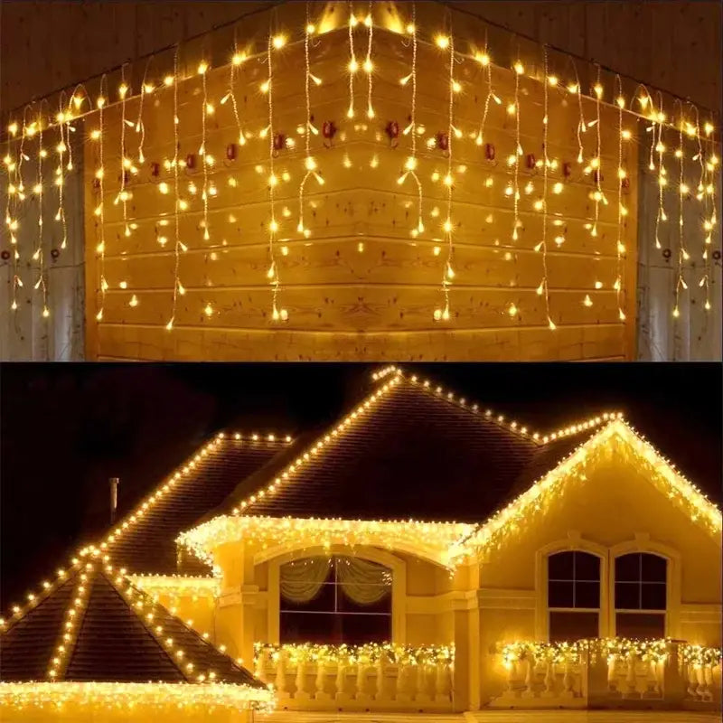 Warm white led icicle curtain string lights by DecorBites™ for outdoor christmas waterfall decoration 5m length