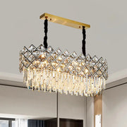 DecorBites oval island light fixture with gold finish and clear crystal prisms in a diamond pattern for contemporary lighting