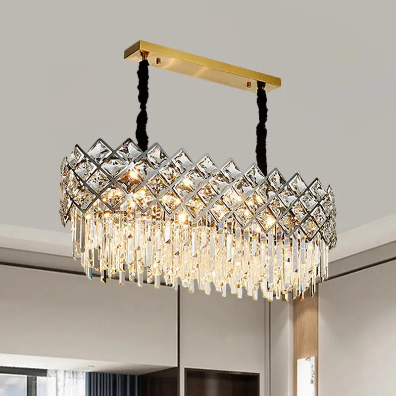 DecorBites oval island light fixture with gold finish and clear crystal prisms in a diamond pattern for contemporary lighting