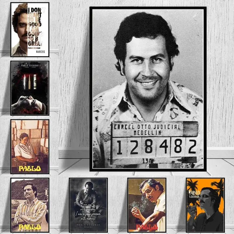 Black-and-white framed canvas wall art featuring pablo escobar mugshot with carcel otto judicial medellin text