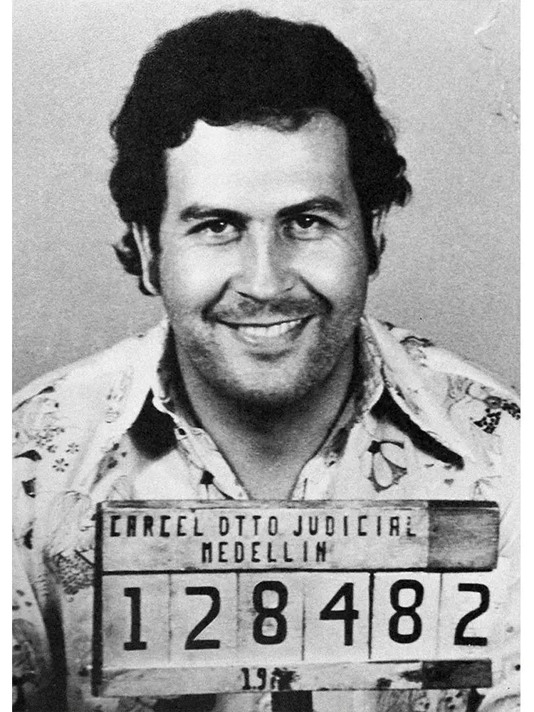 Black-and-white mugshot photo of pablo escobar with curly hair on a decorbites™ canvas wall art for lord pablo escobar