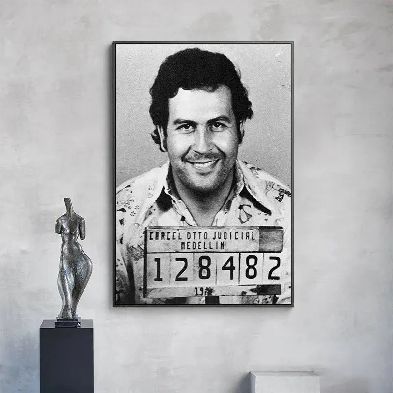 Black-and-white pablo escobar mugshot wall art in a floral shirt by decorbites™ lord pablo escobar canvas