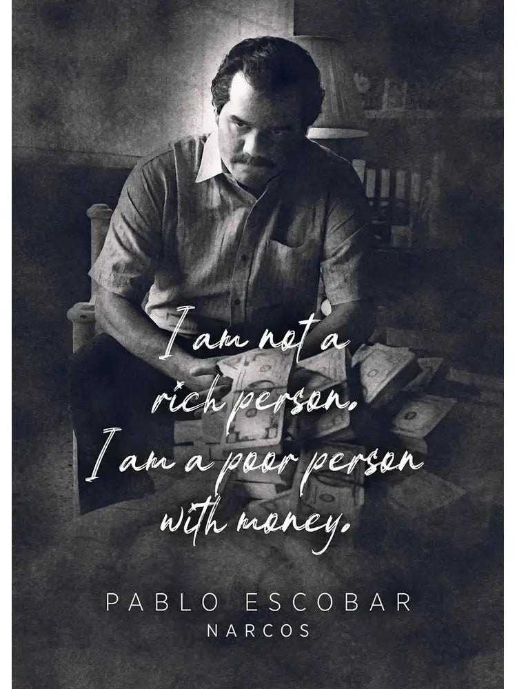 Black and white canvas wall art of pablo escobar seated with stacks of cash from decorbites lord pablo escobar series