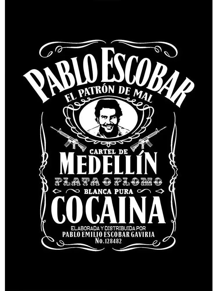 Black and white decorbites™ pablo escobar wall art featuring lord pablo escobar portrait with ornate lettering and crossed rifles