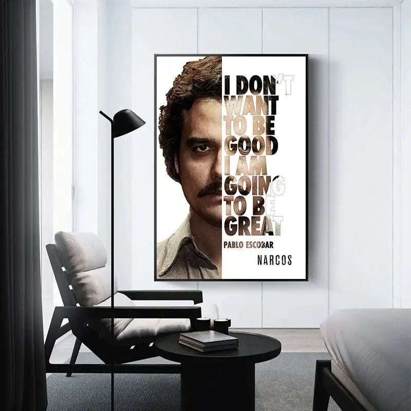 A framed decorbites™ pablo escobar canvas wall art featuring lord pablo escobar with bold black and beige text
