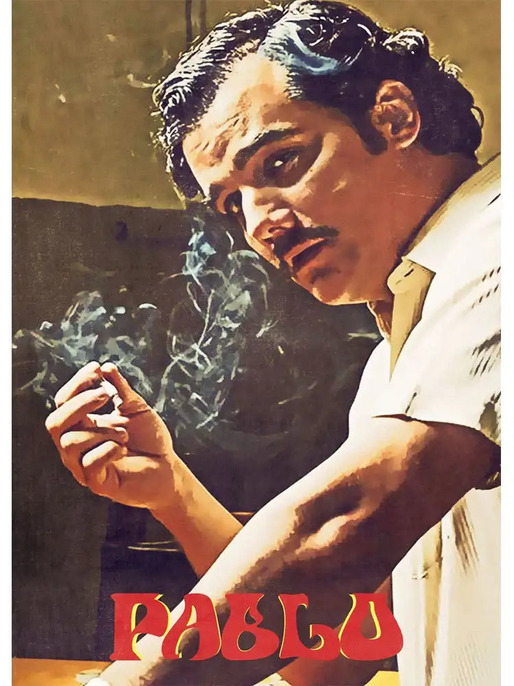 Decorbites™ pablo escobar wall art features a man with dark wavy hair and mustache on a light-colored canvas